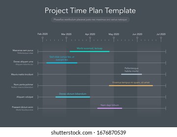 Minimalist business project time plan graph with project tasks in time intervals - dark version. Easy to use for your website or presentation.