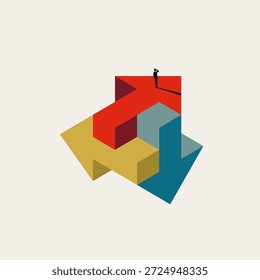 A minimalist business vector concept illustration of a professional man standing on complex 3D arrows, representing strategic choice, corporate navigation, and overcoming organizational challenges.