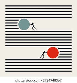 A minimalist business vector concept illustration showing a man and woman pushing spheres along parallel lines, representing individual effort, gender equality, and professional teamwork.