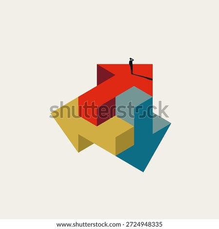 A minimalist business vector concept illustration of a professional man standing on complex 3D arrows, representing strategic choice, corporate navigation, and overcoming organizational challenges.