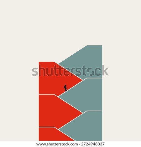 Minimalist business vector concept illustration of a woman walking up a geometric staircase, representing the journey to career success, persistent effort, and professional advancement.