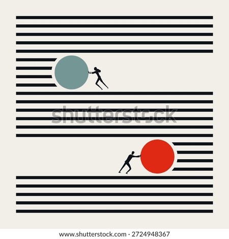 A minimalist business vector concept illustration showing a man and woman pushing spheres along parallel lines, representing individual effort, gender equality, and professional teamwork.