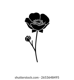 Minimalistische Buttercup-Blume als solides schwarzes Glyphensymbol. Einfache Grafik einer Wildblume für botanisches Branding oder Federdesigns.