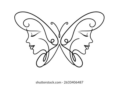 Minimalist butterfly design featuring two female faces created with continuous black lines