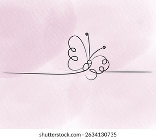 Minimalist butterfly line art on a soft pink watercolor background, simple and elegant design.