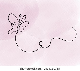 Minimalist butterfly line art on a soft pink watercolor background, elegant and simple design.