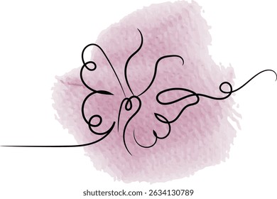 Minimalist butterfly line art on a pink watercolor wash background. Elegant and simple design.