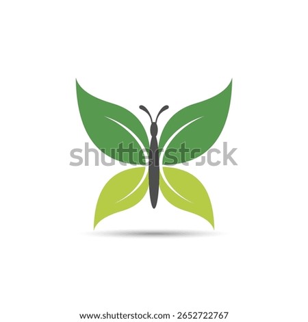 A minimalist butterfly logo with leaf-shaped green wings and a dark body, symbolizing nature and eco-friendliness in a clean, geometric style.