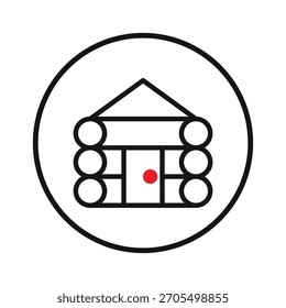 Um ícone de cabine minimalista é definido dentro de um círculo preto em um fundo branco. A cabine é construída a partir de linhas simples e círculos, com um único ponto vermelho marcando a porta. O design enfatiza