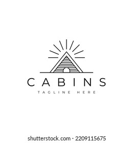 minimalist cabins with sun line art style vector logo design