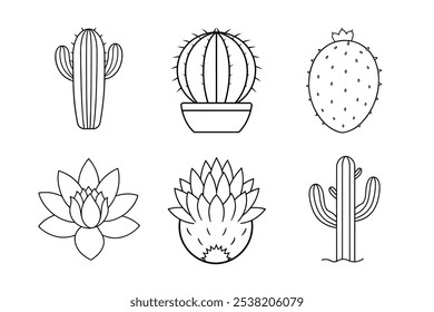 Minimalistisches Cacti Line Art Bundle - Saguaro, Stachelbirne, Barrel, Orgelpfeife, Igel und Kaktusblume