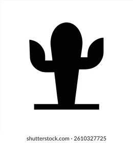 A minimalist cactus silhouette features prominent arms extending upwards. The striking black design stands out against a white background, representing desert themes and nature.