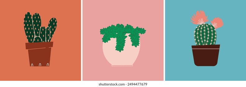 Minimalist cactus and succulent illustrations with colorful backgrounds. Ideal for modern decor, botanical projects, and design elements. Perfect for adding a fresh and trendy touch to any space.