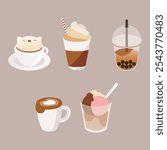 a minimalist Cafe Collection. a cup of coffee with a cat-shaped foam, iced coffee with whipped cream, boba tea, heart-shaped latte art and affogato various  flavors of ice cream.