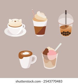 una Colección minimalista de café: una taza de café con espuma en forma de gato, café helado con crema batida, té de boba, café con leche en forma de corazón y affogato con varios sabores de helado.