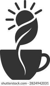 A minimalist cafe emblem featuring a coffee cup, rising coffee leaf, and sun rays, symbolizing freshness, warmth, natural flavor, and a welcoming coffee experience