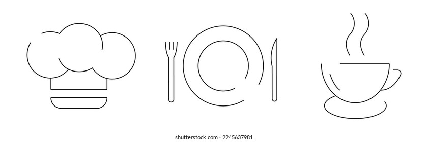Minimalist cafe icon set for menu and websites: cook, plate, coffee 