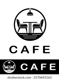 Minimalist cafe logo design in black and white featuring a table, two chairs, and a hanging lamp within a circular frame