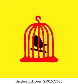 Minimalist Caged Bird Illustration in Bold Colors. A striking vector illustration of a black bird inside a red cage on a vibrant yellow background, symbolizing freedom, confinement,