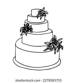 minimalist cake with flowers in doodle style. hand drawn vector illustration wedding cake five tiers