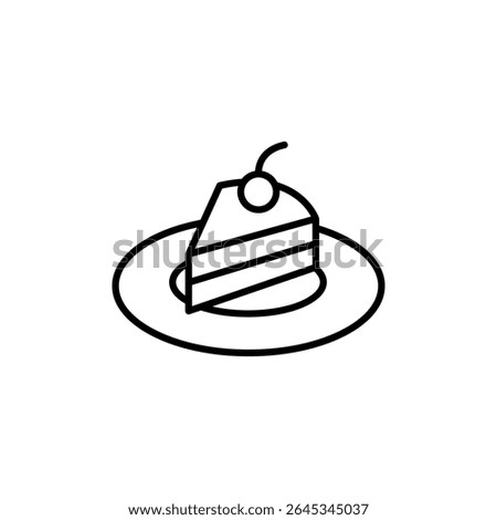 Minimalist Cake Slice With Cherry On Plate Line Art Icon