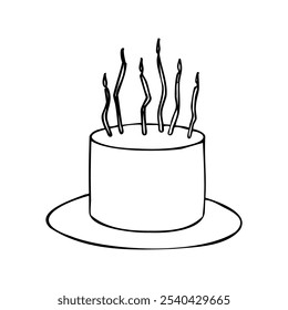 minimalist cake with thin curved candles - hand drawn line art. angular candles