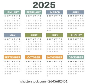  Minimalist calendar for 2025. Stylish and concise calendar for 2025, decorated in a minimalist design. EPS 10.