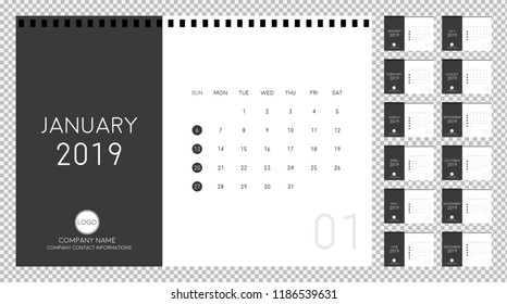 Minimalist calendar design for 2019. Editable, simple, clean and minimal design.