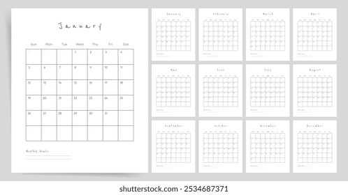 Minimalist Calendar Design 2025. Handwritten Style 2025 Calendar for Wall and Desk. Ready-to-print annual layout of Calendar planner 2025.