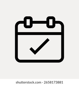 Ícone de calendário minimalista com uma marca de seleção. Design de calendário simples. Ilustração de calendário em preto e branco. Símbolo de calendário para programação e planejamento. Vetor de ícone de interface do usuário.