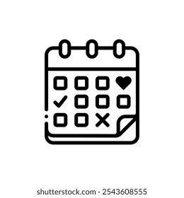 Minimalist calendar icon featuring checkmarks, crosses, and a heart symbol. Ideal for productivity, organization, and event planningMinimalist calendar icon featuring checkmarks, crosses, and a heart 