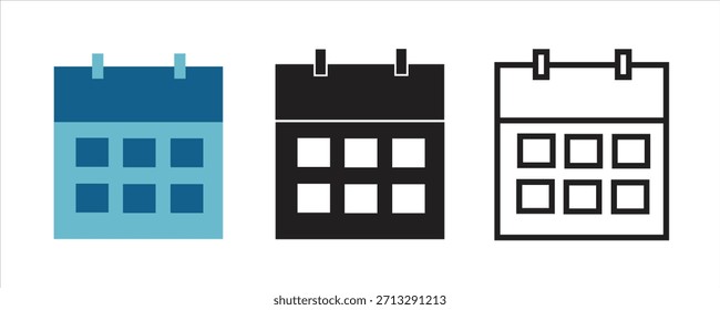 Conjunto de iconos de calendario minimalista con estilos planos, sólidos y de contorno. símbolo de horario de negocios, gráfico de planificador de citas, ilustración de recordatorio de fecha límite para temas de oficina, corporativos y de productividad