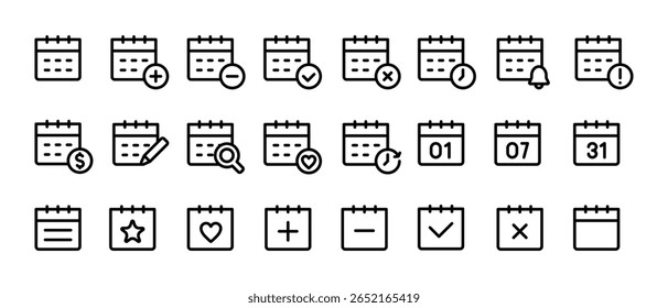 Ícone de calendário minimalista definido para agendamento, lembretes, planejamento de eventos, prazos finais e aplicativos de produtividade. Vetor de linha editável para UI, UX e uso digital.