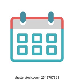 Minimalist Calendar Icon with Teal Design, Flat-style calendar icon with a teal and red color scheme, perfect for scheduling, organizing, and planning-related projects.
