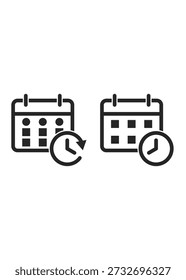 Ícones minimalistas do calendário com um relógio e uma seta de atualização para representar eventos programados e rastreamento do histórico.
