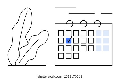 Um calendário minimalista com uma data marcada e um esboço de folha simples ao lado dele. Ideal para programação, planejamento, organização, projetos com temas minimalistas e gerenciamento de tarefas. Linhas simples e limpas