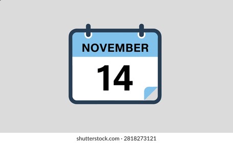 Minimalist calendar page sheet layout icon showing fourteenth day of November month isolated on gray background.