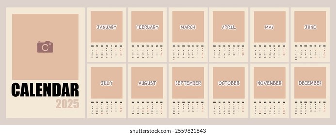 Minimalist Calendar Template for  2025, Set of 13 Pages Monthly Trendy Calendar Printable. Vector Eps 10