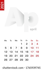 Minimalist calendar template for April 2021, vector calendar in English. Vector calendar for 2021.