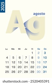 Modelo de calendário minimalista para agosto de 2025, calendário vetorial em espanhol. Calendário vetorial para 2025.