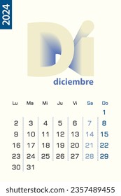 Minimalist calendar template for December 2024, vector calendar in Spanish language. Vector calendar for 2024.