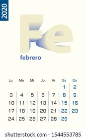 Minimalist calendar template for February 2020, vector calendar in Spanish language. Vector calendar for 2020.