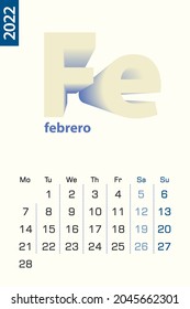 Minimalist calendar template for February 2022, vector calendar in Spanish language. Vector calendar for 2022.