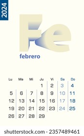 Minimalist calendar template for February 2024, vector calendar in Spanish language. Vector calendar for 2024.