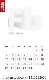 Minimalist calendar template for February 2025, vector calendar in English. Vector calendar for 2025.