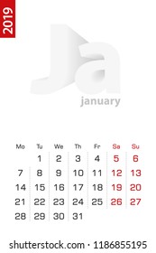 Minimalist calendar template for January 2019, vector calendar in English.