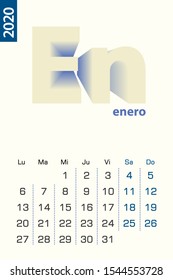 Minimalist calendar template for January 2020, vector calendar in Spanish language. Vector calendar for 2020.