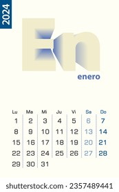 Minimalist calendar template for January 2024, vector calendar in Spanish language Vector calendar for 2024.