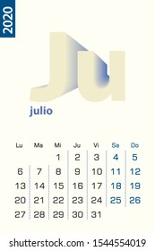 Minimalist calendar template for July 2020, vector calendar in Spanish language. Vector calendar for 2020.