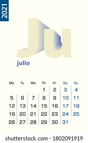 Minimalistische Kalendervorlage für Juli 2021, Vektorkalender in spanischer Sprache. Vektorkalender für 2021.